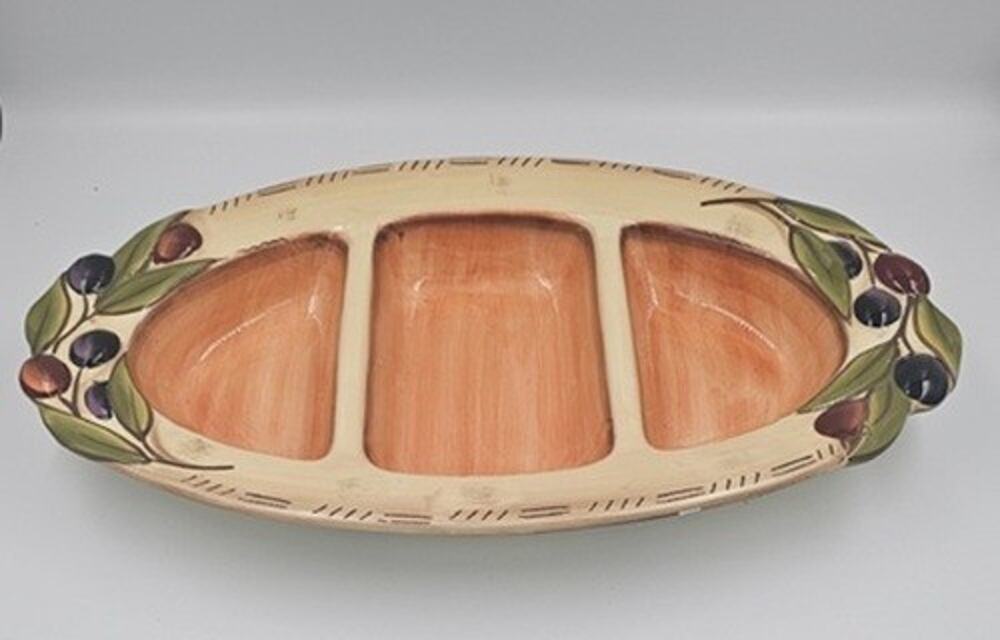Clay Art "Oliva Italiana" Hand-Painted Oval 3-Way Divided Serving Platter
